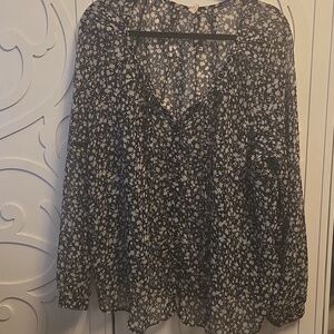 Sheer Floral V-Neck Long-Sleeve Blouse - Black/White - XXL